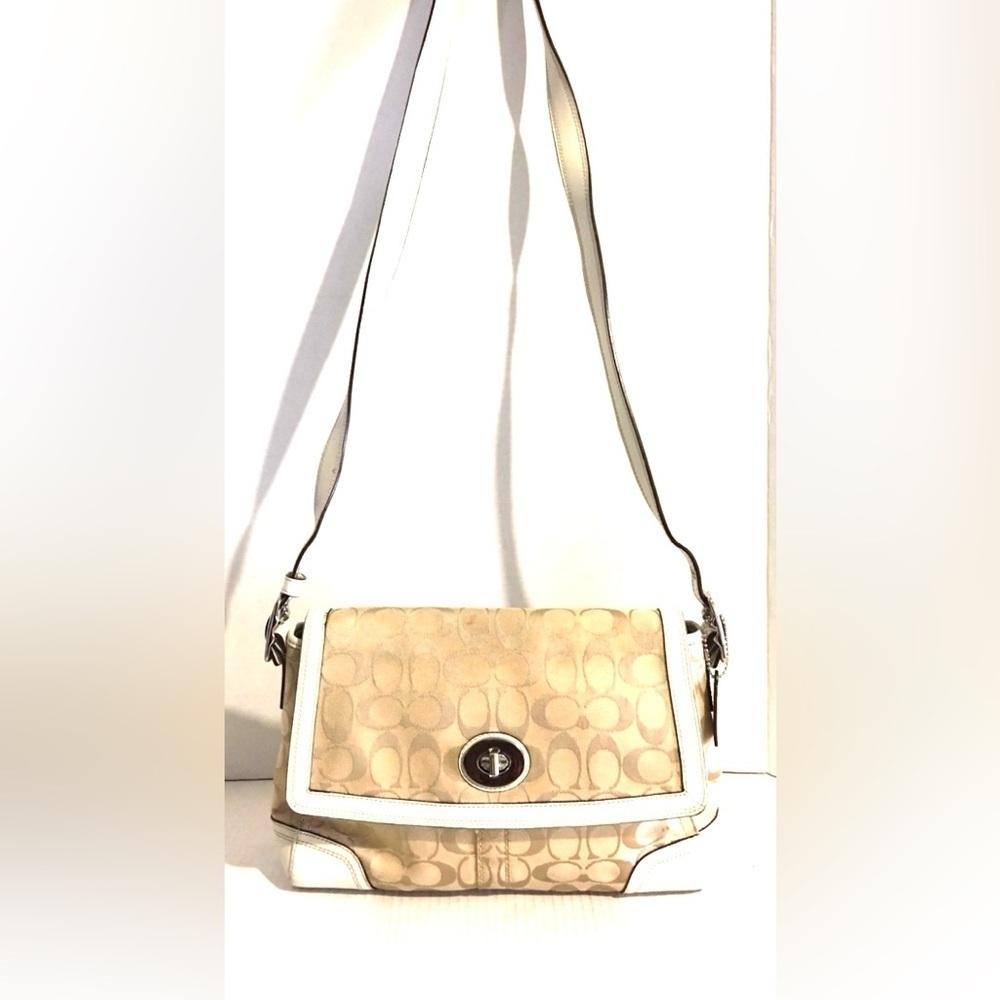 Coach vintage CC signature print canvas crossbody Tan and White Women's Bag